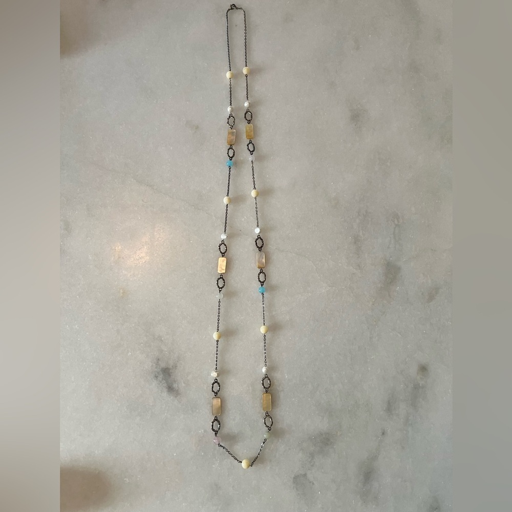 Long Multi-Bead Necklace with Pastel Stones & Gold Accents